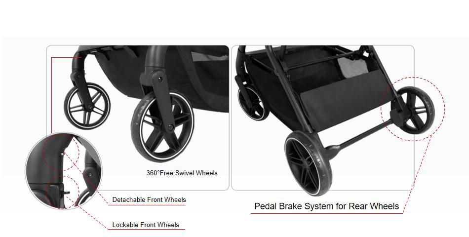 Baby Stroller With Pedal Brake System For Rear Wheels